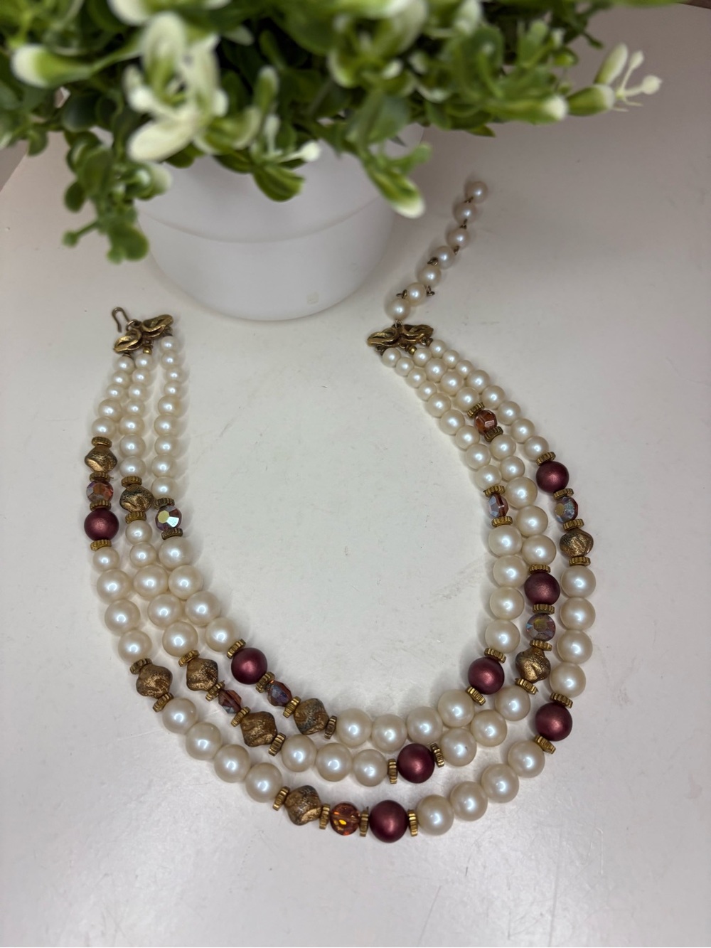 Vintage Signed Deauville 3-Strand Faux Pearl & Accent Bead Necklace